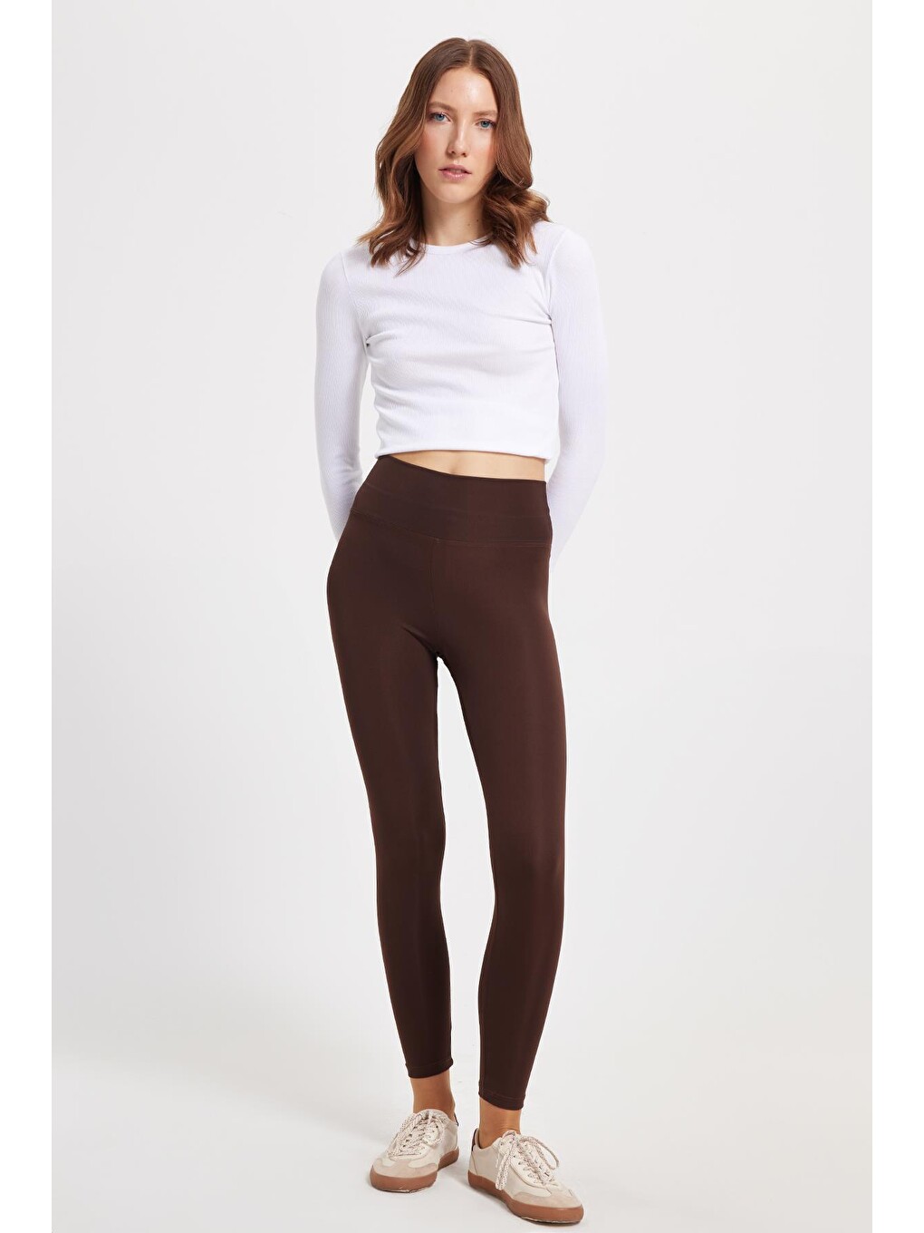 Kadın Slim Fit Dar Kesim Scuba Kumaş Beli Lastikli Kahverengi Tayt-1