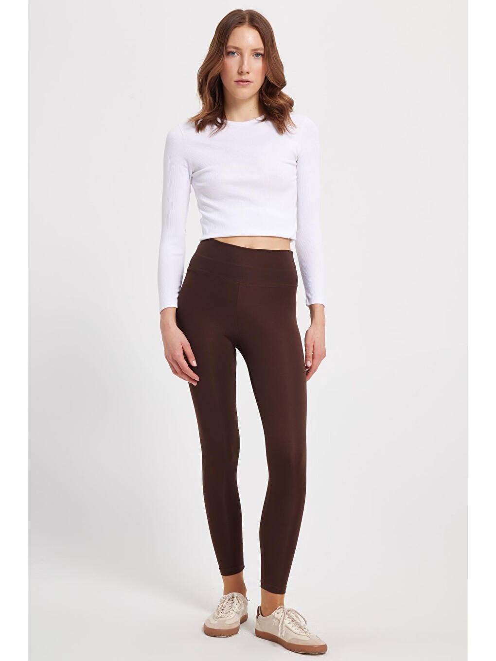 Kadın Slim Fit Dar Kesim Scuba Kumaş Beli Lastikli Kahverengi Tayt-4