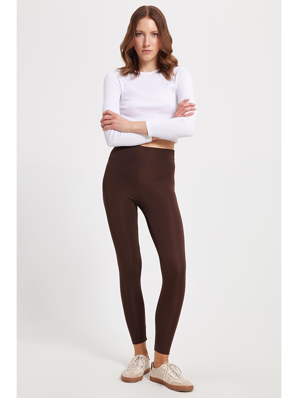 Kadın Slim Fit Dar Kesim Scuba Kumaş Beli Lastikli Kahverengi Tayt-6