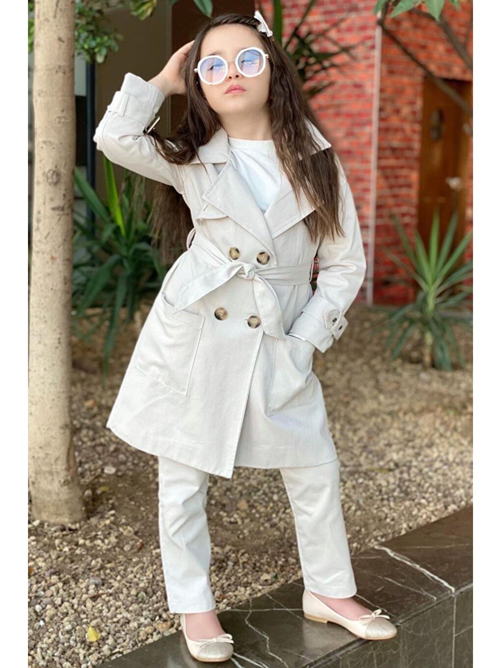 Kız Çocuk Beli Kuşaklı Gabardin Trençkotlu Pantolon ve Bluzlu Bej Alt Üst Takım-6