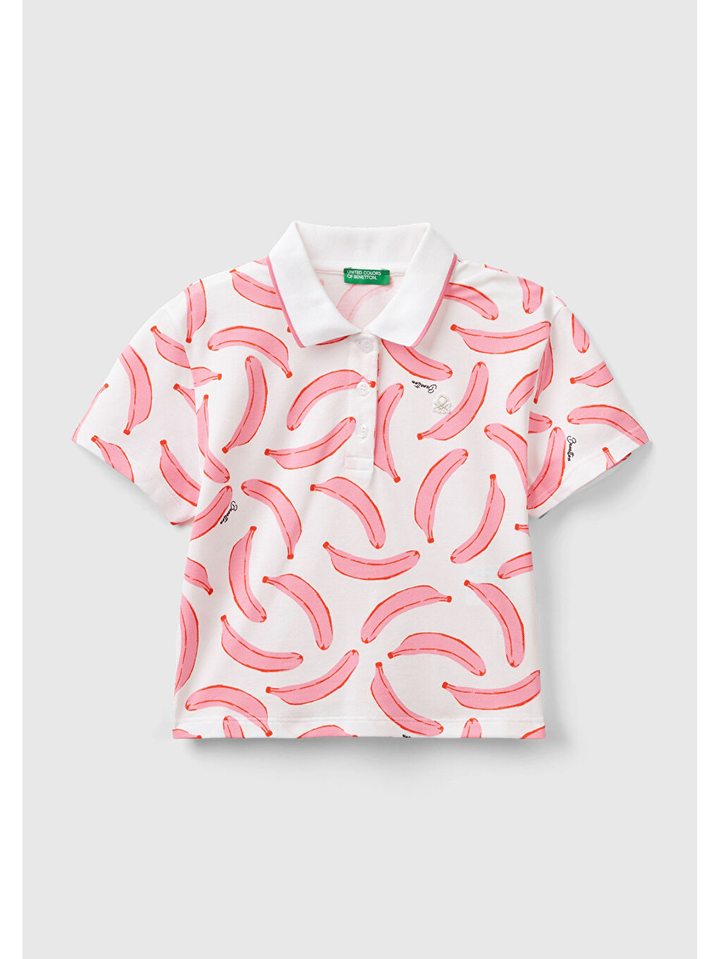 United Colors Of Benetton Pembe-Beyaz Kız Çocuk Pembe-Beyaz Tamamı Desenli Parlak Logo İşlemeli Düğmeli Polo Yaka T-Shirt