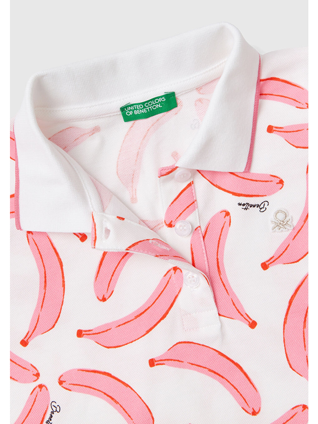 United Colors Of Benetton Pembe-Beyaz Kız Çocuk Pembe-Beyaz Tamamı Desenli Parlak Logo İşlemeli Düğmeli Polo Yaka T-Shirt - 1