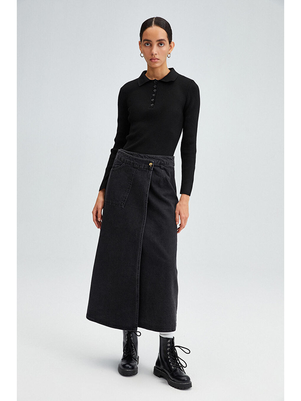 Touche Prive Antrasit Kruvaze Denim Etek - 1