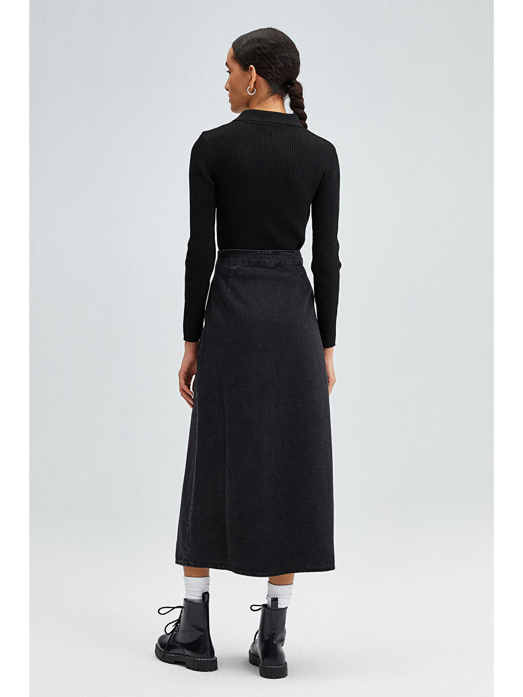 Touche Prive Antrasit Kruvaze Denim Etek - 4