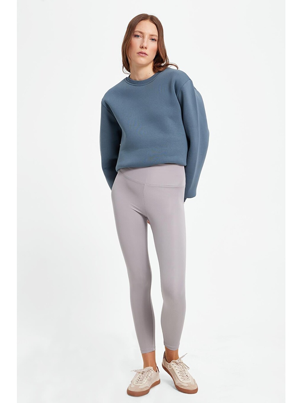 Kadın Slim Fit Dar Kesim Scuba Kumaş Beli Lastikli Gri Tayt-3