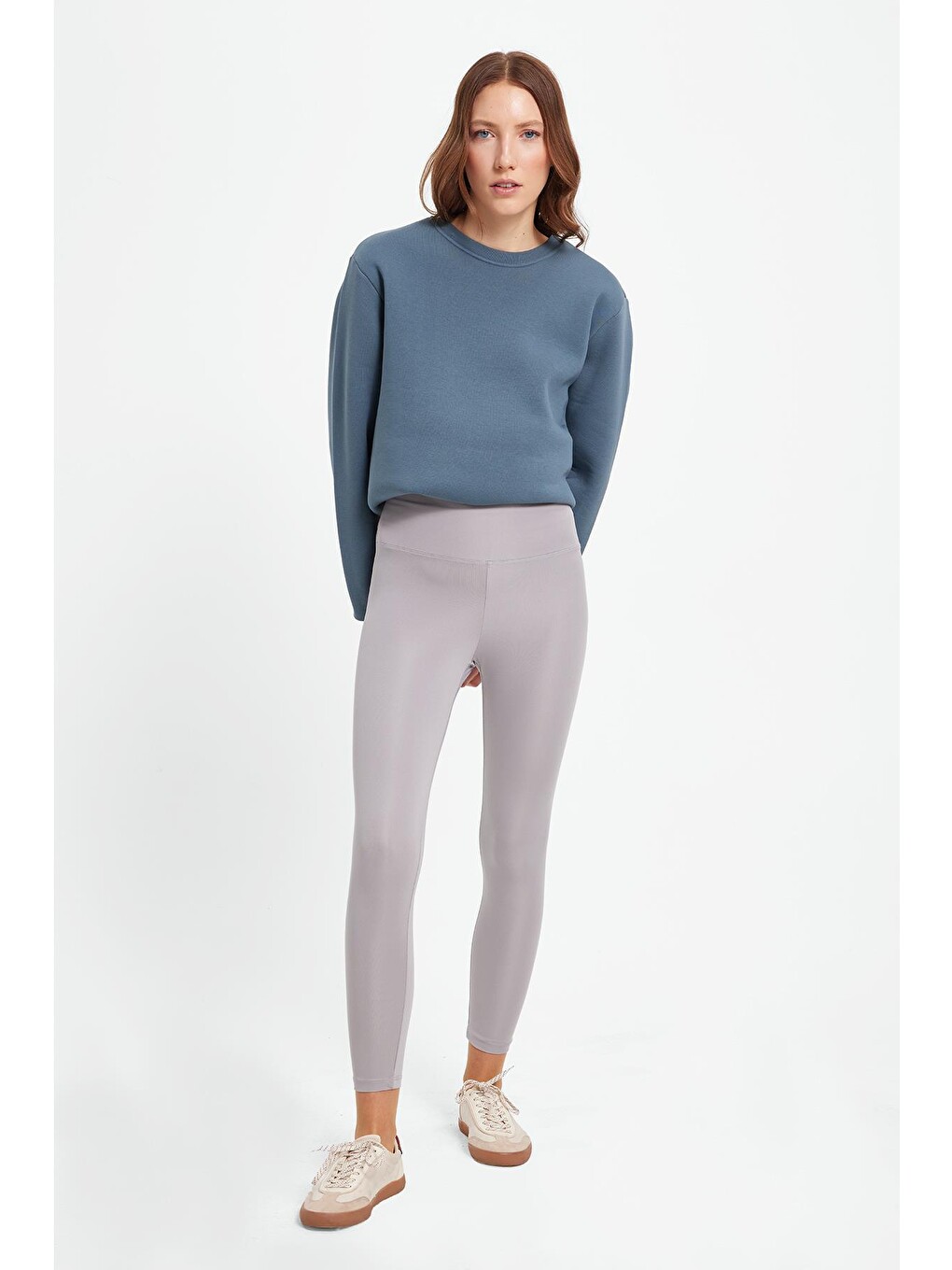 Kadın Slim Fit Dar Kesim Scuba Kumaş Beli Lastikli Gri Tayt-5