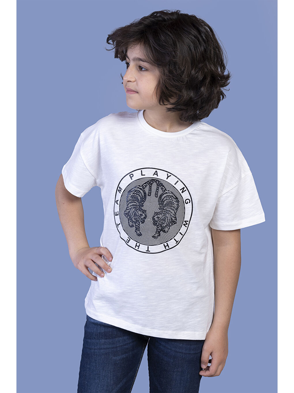 Ekru Erkek Çocuk Kabartma Baskılı Tişört