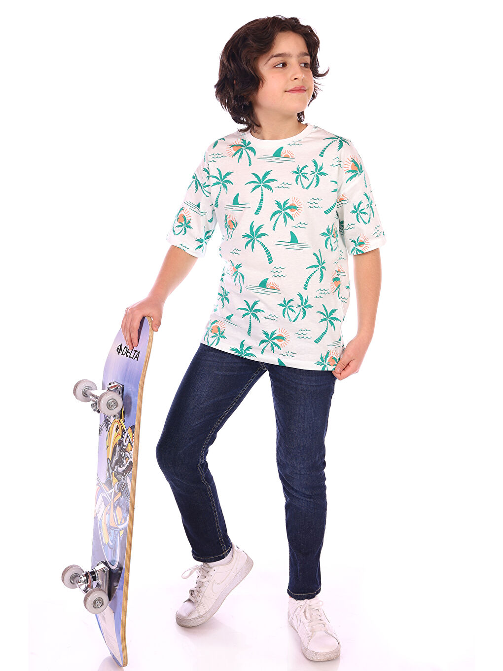 Lila Erkek Çocuk Palmiya Ağacı Baskılı Tişört
