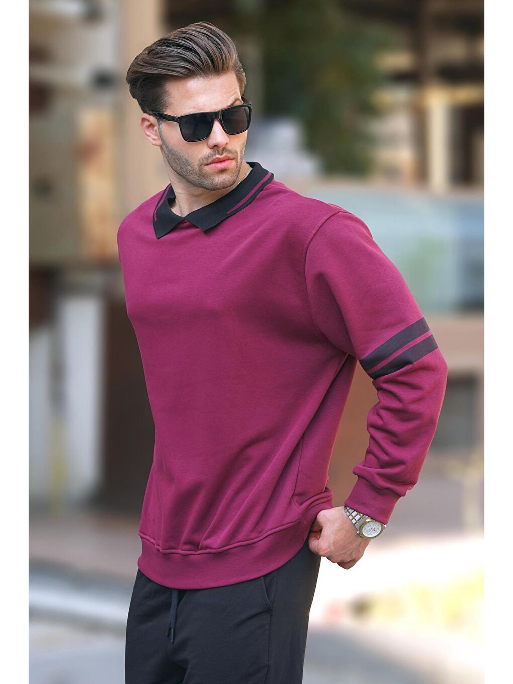 Madmext Bordo Polo Yaka Oversize Kolu Şeritli Erkek Sweatshirt 7048