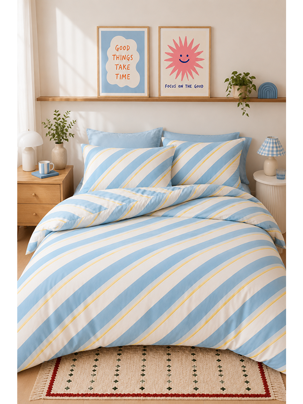 Ekru Çapraz Çizgili Modern Nevresim Seti Bebe Mavi Ve Sarı 200x220 Çift Kişilik Yorgan Kılıfı-6