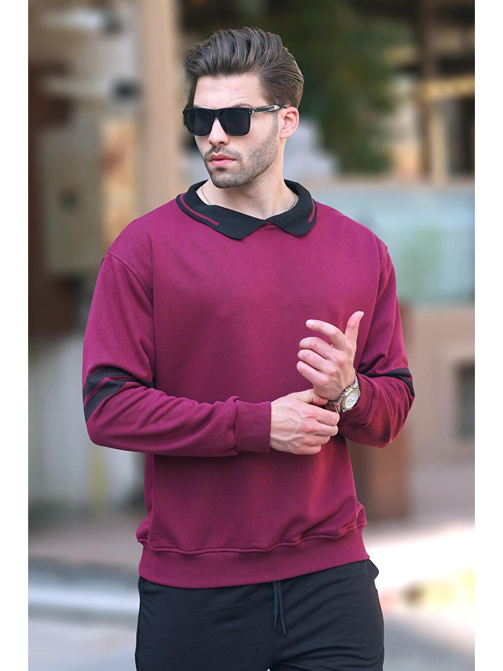 Madmext Bordo Polo Yaka Oversize Kolu Şeritli Erkek Sweatshirt 7048 - 1