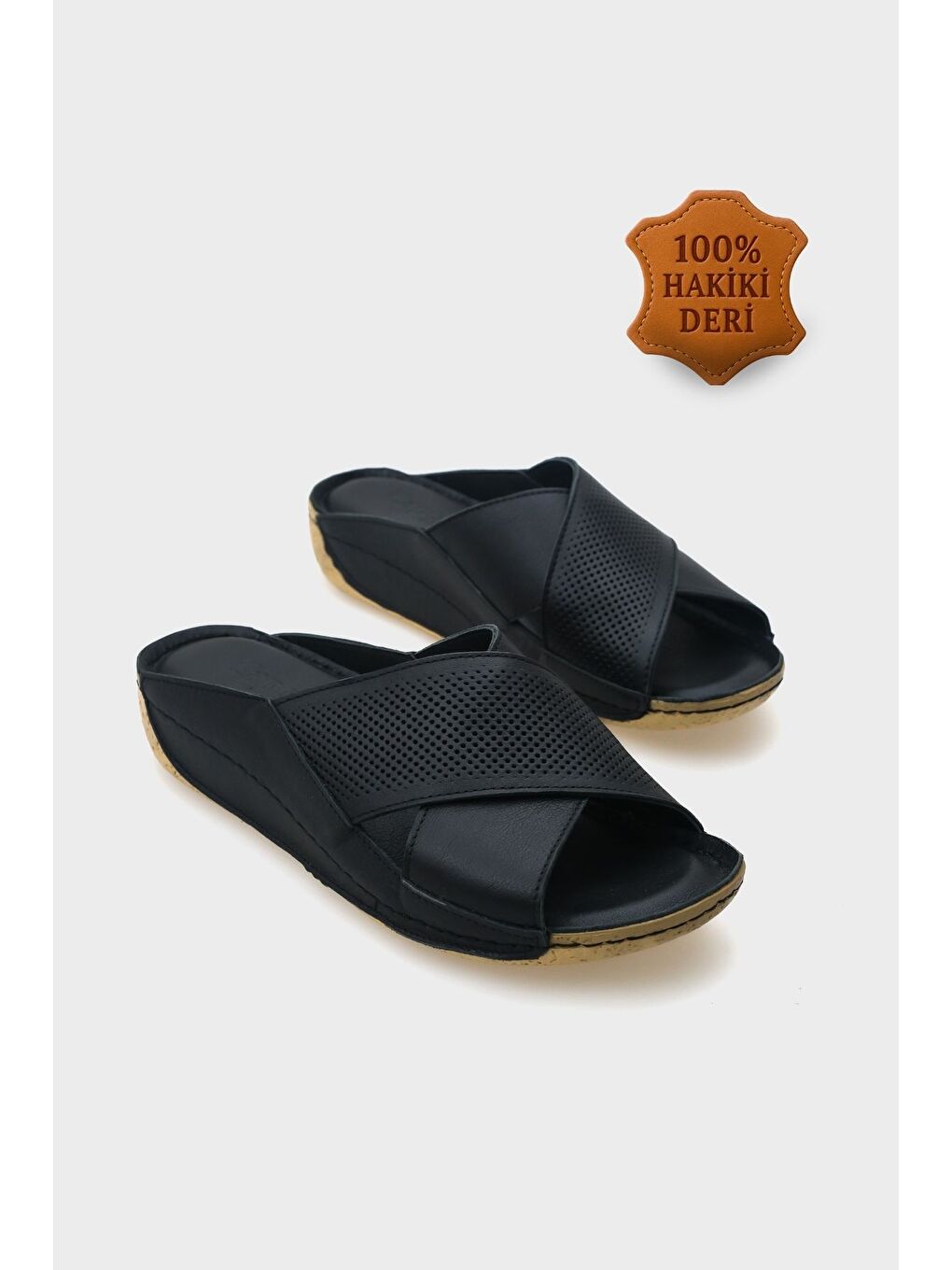 Siyah Nissa Çapraz Bantlı Deri Konfor Anatomik Kadın Terlik-1