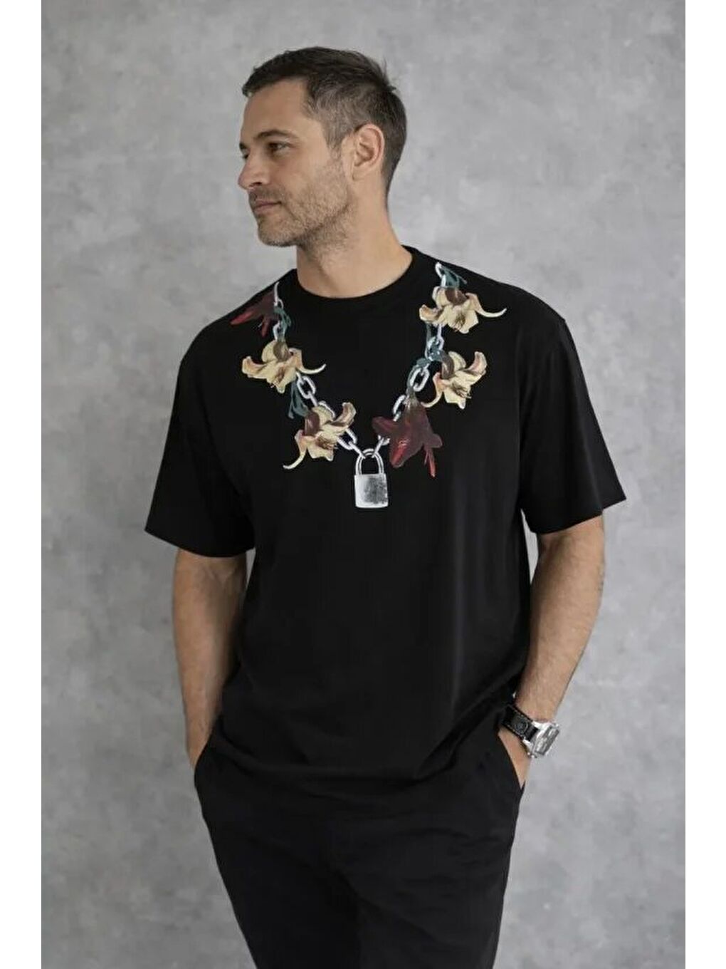 Siyah Erkek Baskılı Tişört