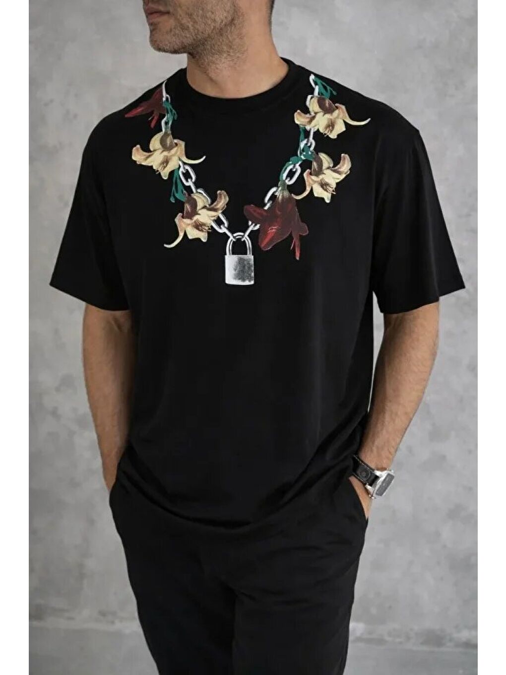 Siyah Erkek Baskılı Tişört-1