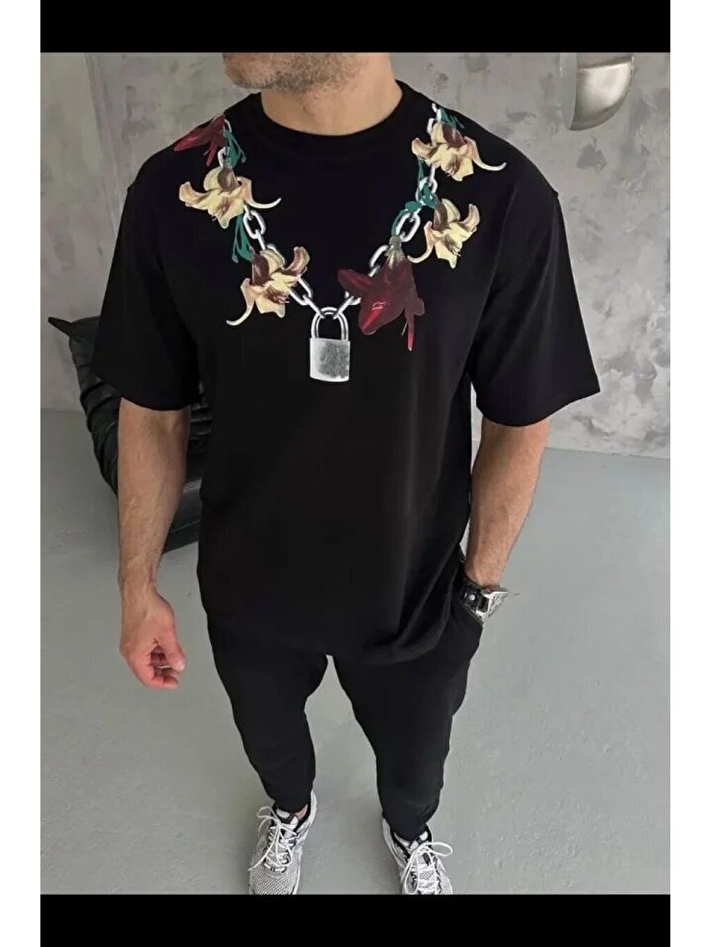 Siyah Erkek Baskılı Tişört-2