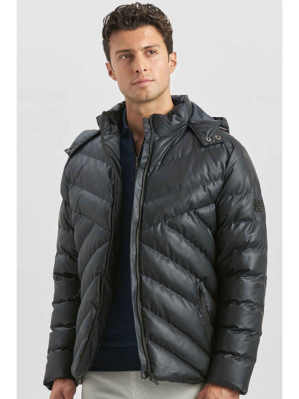 Koyu Lacivert Dolumlu Çıkarılabilir Kapüşonlu Astarlı Slim Fit Dar Kesim Casual Mont 1007245151-1