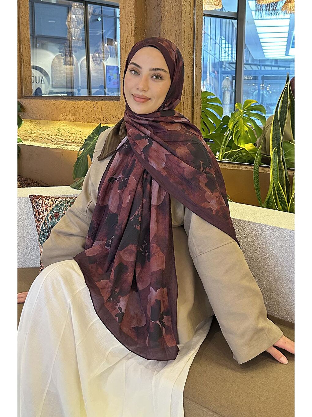 Batik Çiçek Desen Bambu Şal Koyu Bordo