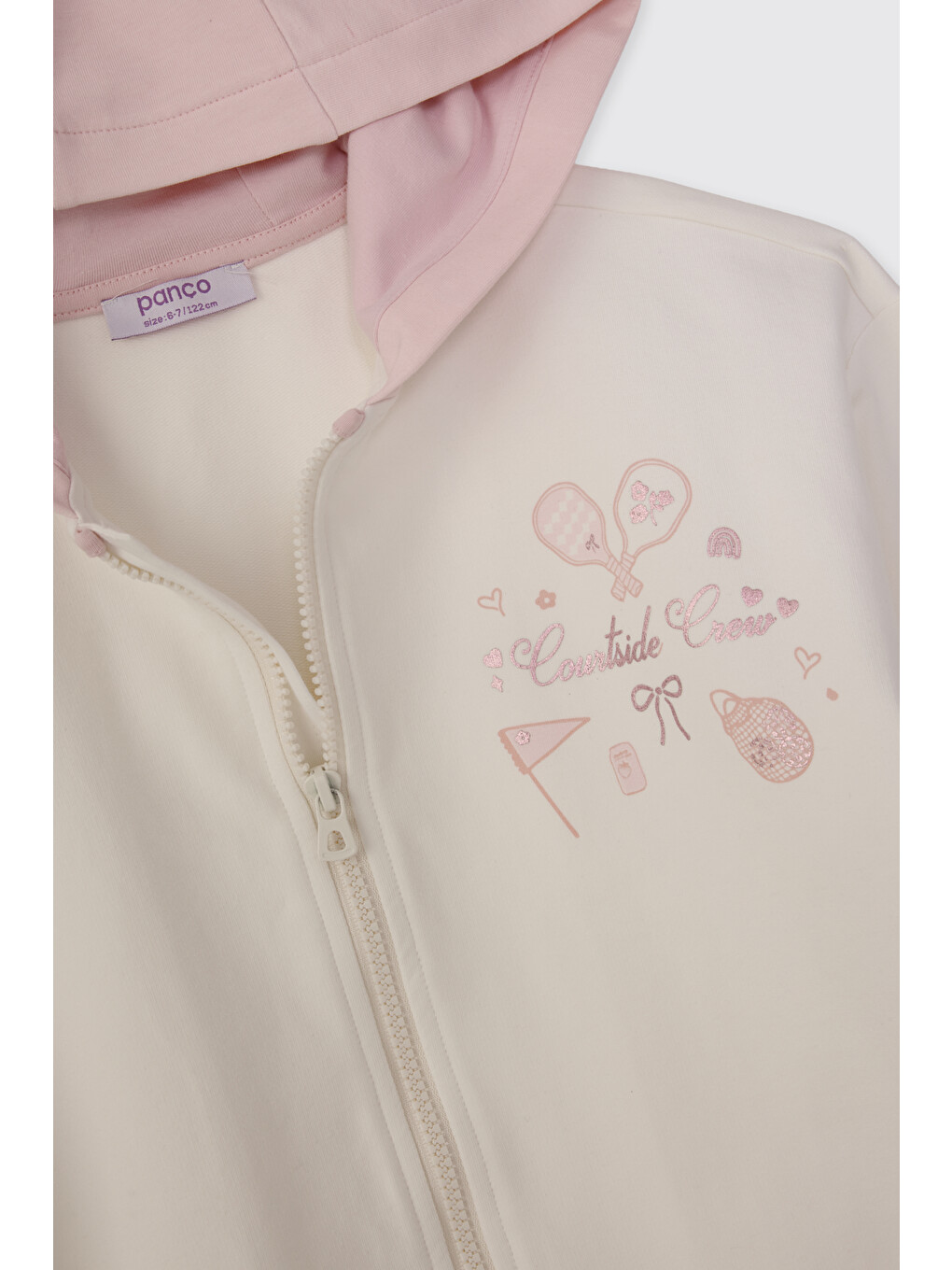 Kız Çocuk Kapüşonlu Fermuarlı Baskılı Ekru Sweatshirt-2
