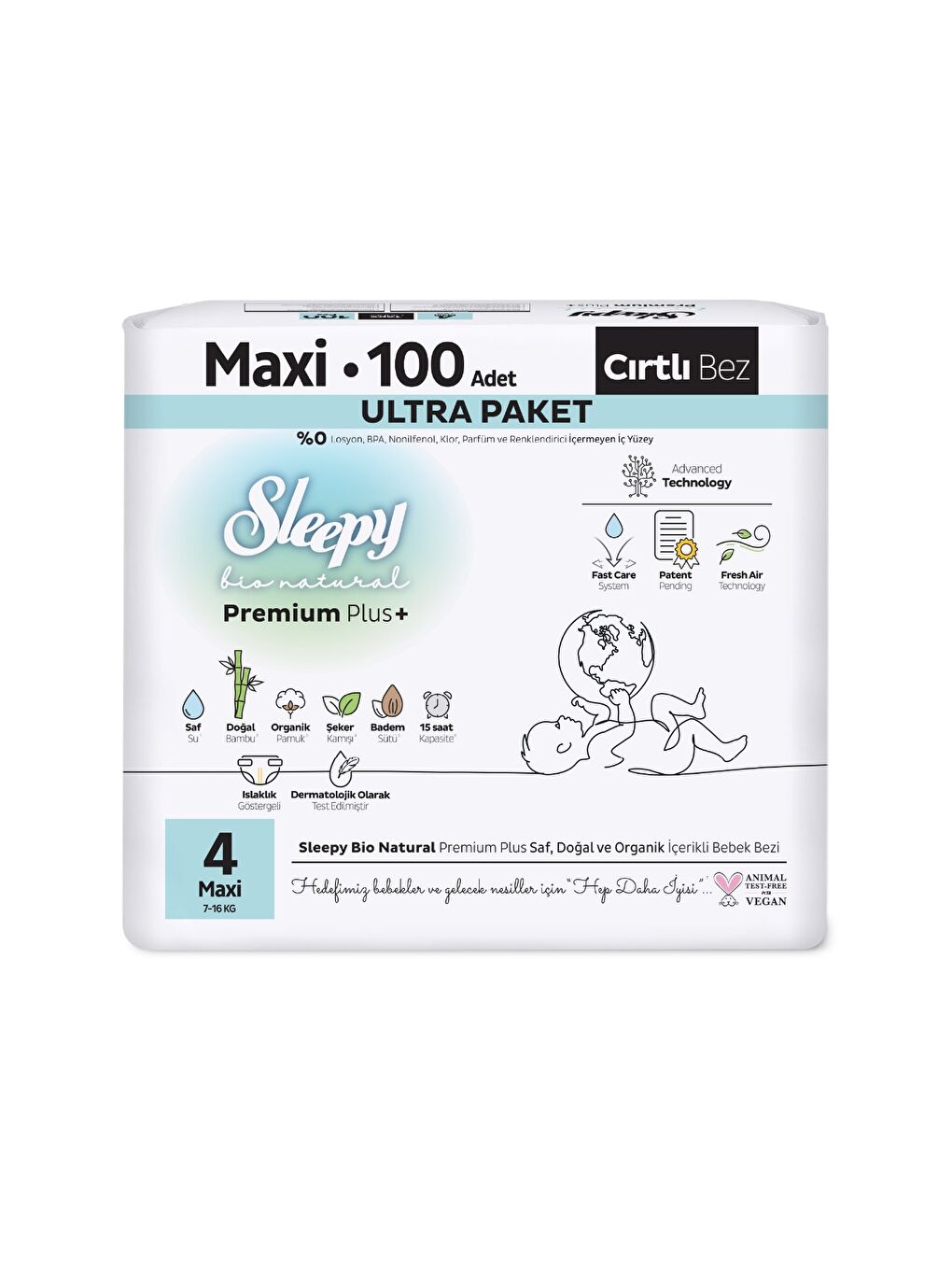 Bio Natural Premium Plus Ultra Paket Bebek Bezi 4 Numara Maxi 100 Adet-1