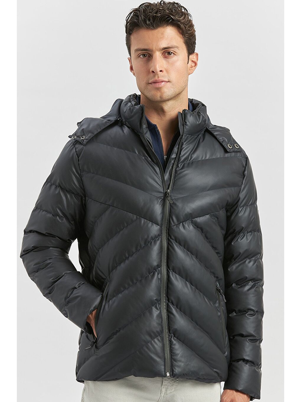 Koyu Lacivert Dolumlu Çıkarılabilir Kapüşonlu Astarlı Slim Fit Dar Kesim Casual Mont 1007245151-3