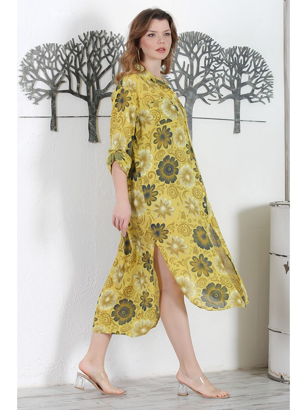 Yeşil İtalyan Limoni Gömlek Yaka Düğmeli Uzun Kollu Çift Cepli Allover Baskılı Dokuma Elbise 130 65