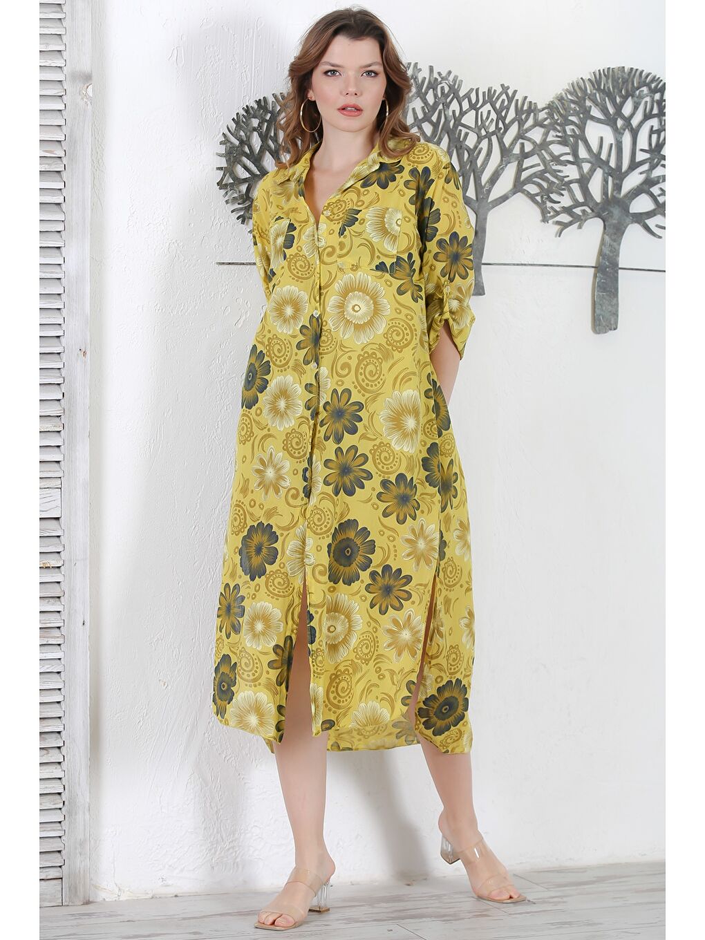 Yeşil İtalyan Limoni Gömlek Yaka Düğmeli Uzun Kollu Çift Cepli Allover Baskılı Dokuma Elbise 130 65-1