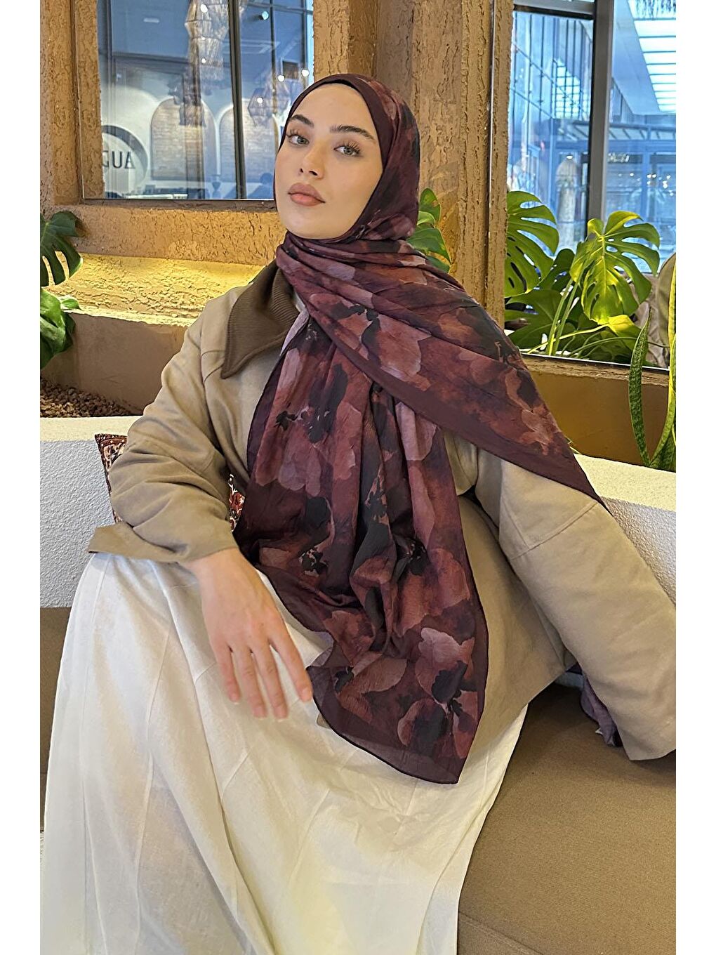 Batik Çiçek Desen Bambu Şal Koyu Bordo-1