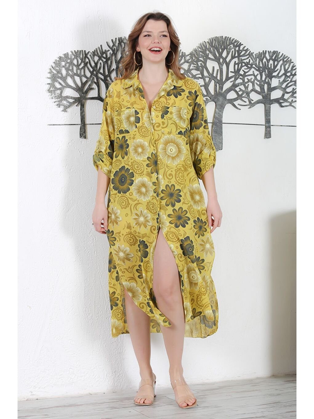 Yeşil İtalyan Limoni Gömlek Yaka Düğmeli Uzun Kollu Çift Cepli Allover Baskılı Dokuma Elbise 130 65-2