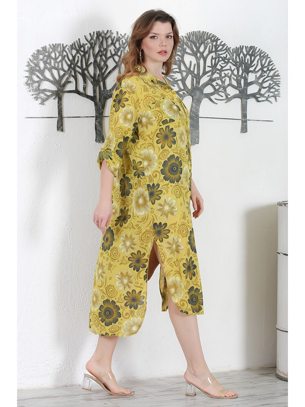 Yeşil İtalyan Limoni Gömlek Yaka Düğmeli Uzun Kollu Çift Cepli Allover Baskılı Dokuma Elbise 130 65-4