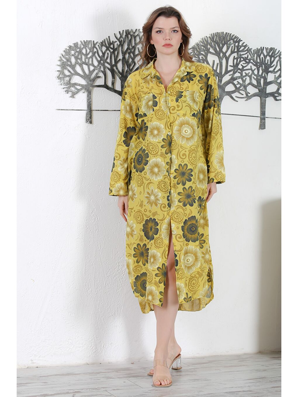 Yeşil İtalyan Limoni Gömlek Yaka Düğmeli Uzun Kollu Çift Cepli Allover Baskılı Dokuma Elbise 130 65-5