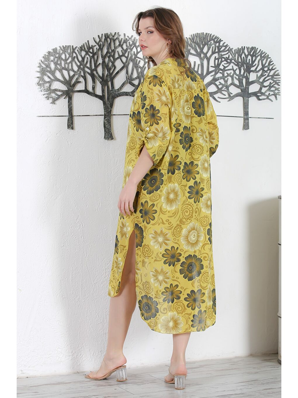 Yeşil İtalyan Limoni Gömlek Yaka Düğmeli Uzun Kollu Çift Cepli Allover Baskılı Dokuma Elbise 130 65-6