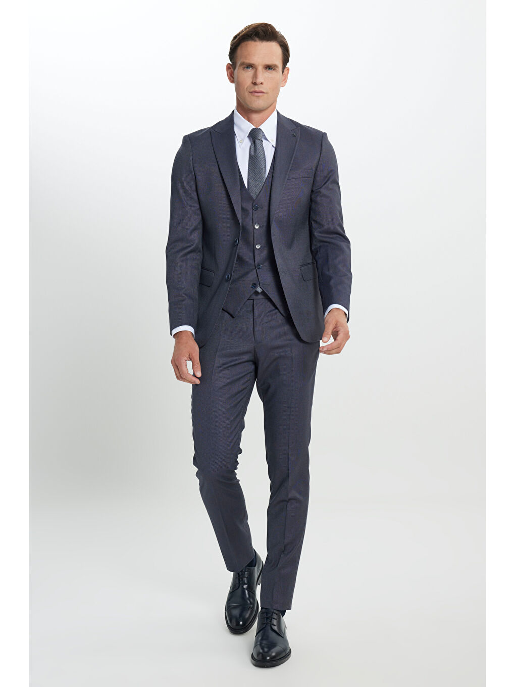 Erkek Mavi Ekstra Slim Fit Dar Kesim Desenli Yelekli Takım Elbise