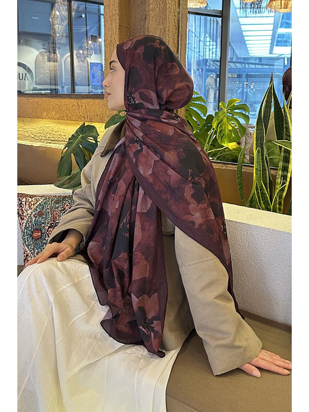 Batik Çiçek Desen Bambu Şal Koyu Bordo-3