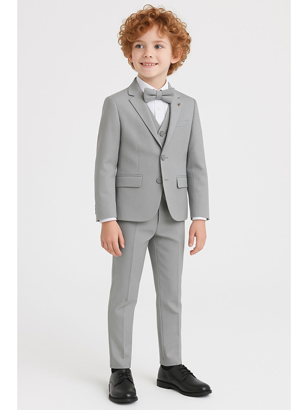 Gri Erkek Çocuk Pusula Rozetli Papyonlu Ceketli 4’lü Set Takım Elbise Ak2840-1