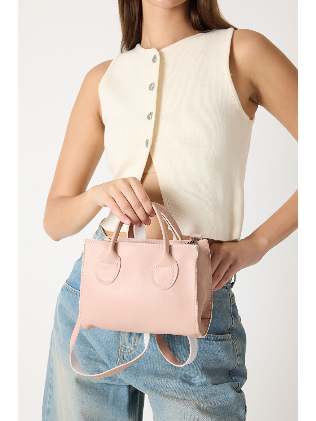 Pembe Kadın Pudra Mini Boy Suni Deri Askılı El ve Omuz Çantası