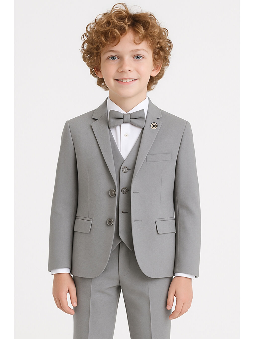 Gri Erkek Çocuk Pusula Rozetli Papyonlu Ceketli 4’lü Set Takım Elbise Ak2840-2