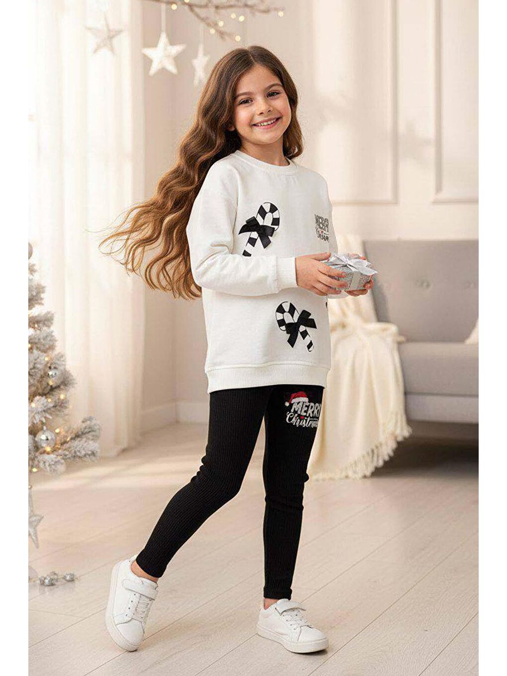 Siyah Kız Çocuk Üzerinde Baston Şeker Baskılı 2 İpli Kazak Fitilli Siyat Taytlı Takım-1