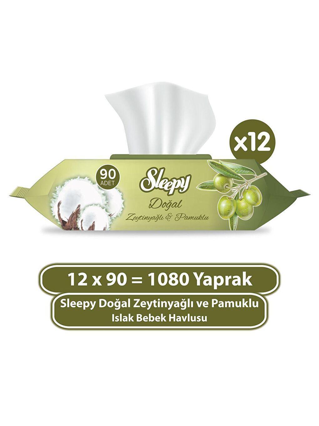 Sleepy Beyaz 12'li Paket Doğal Zeytinyağlı ve Pamuklu Islak Bebek Havlusu 12X90 (1080 Yaprak)