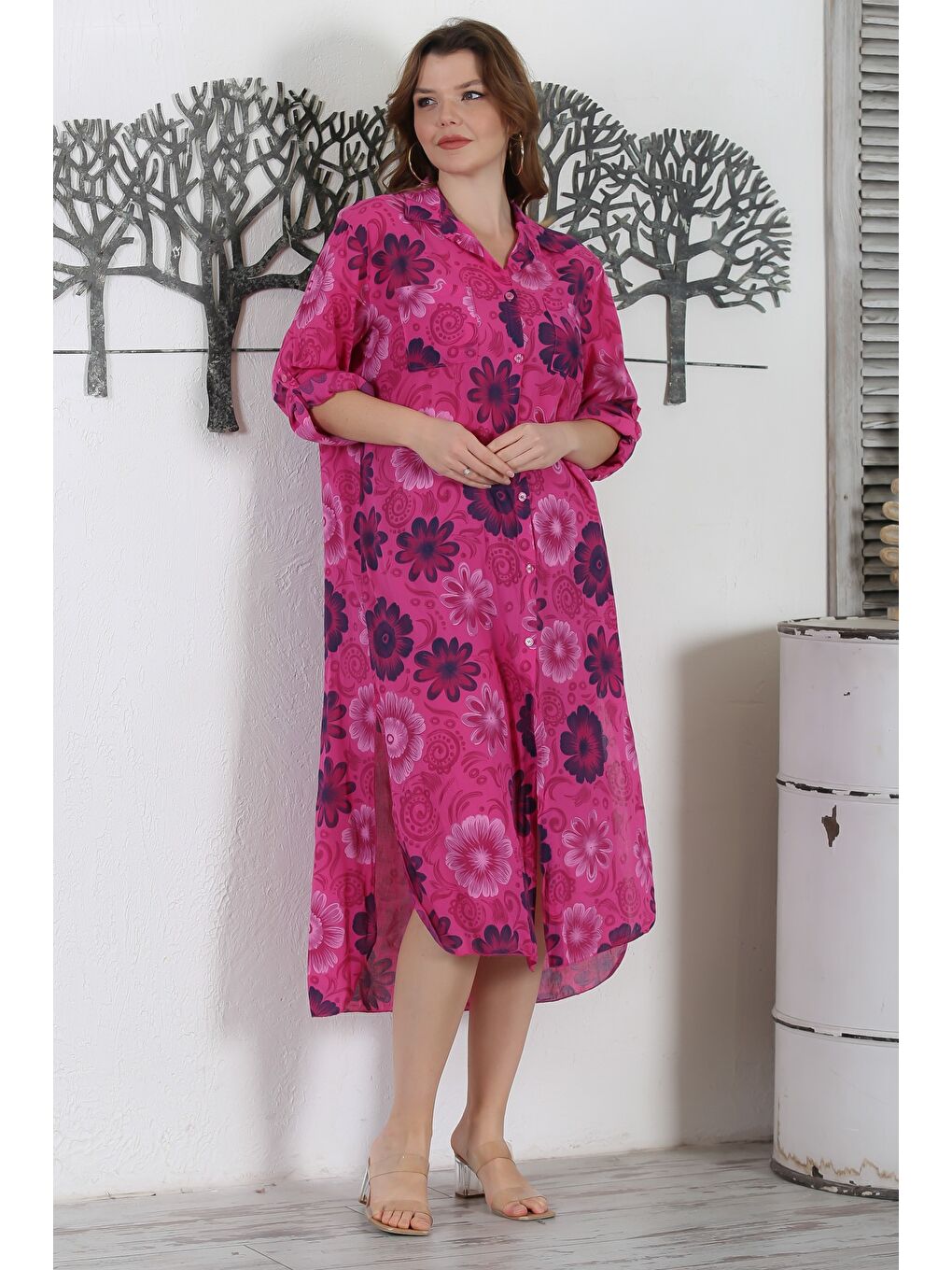 İtalyan Fuşya Gömlek Yaka Düğmeli Uzun Kollu Çift Cepli Allover Baskılı Dokuma Elbise 130 65