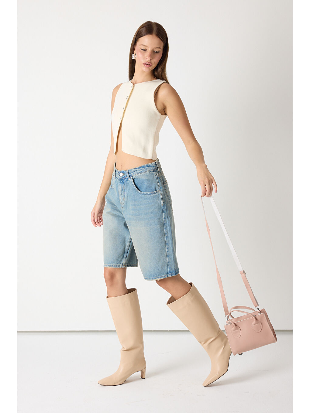 Pembe Kadın Pudra Mini Boy Suni Deri Askılı El ve Omuz Çantası-1