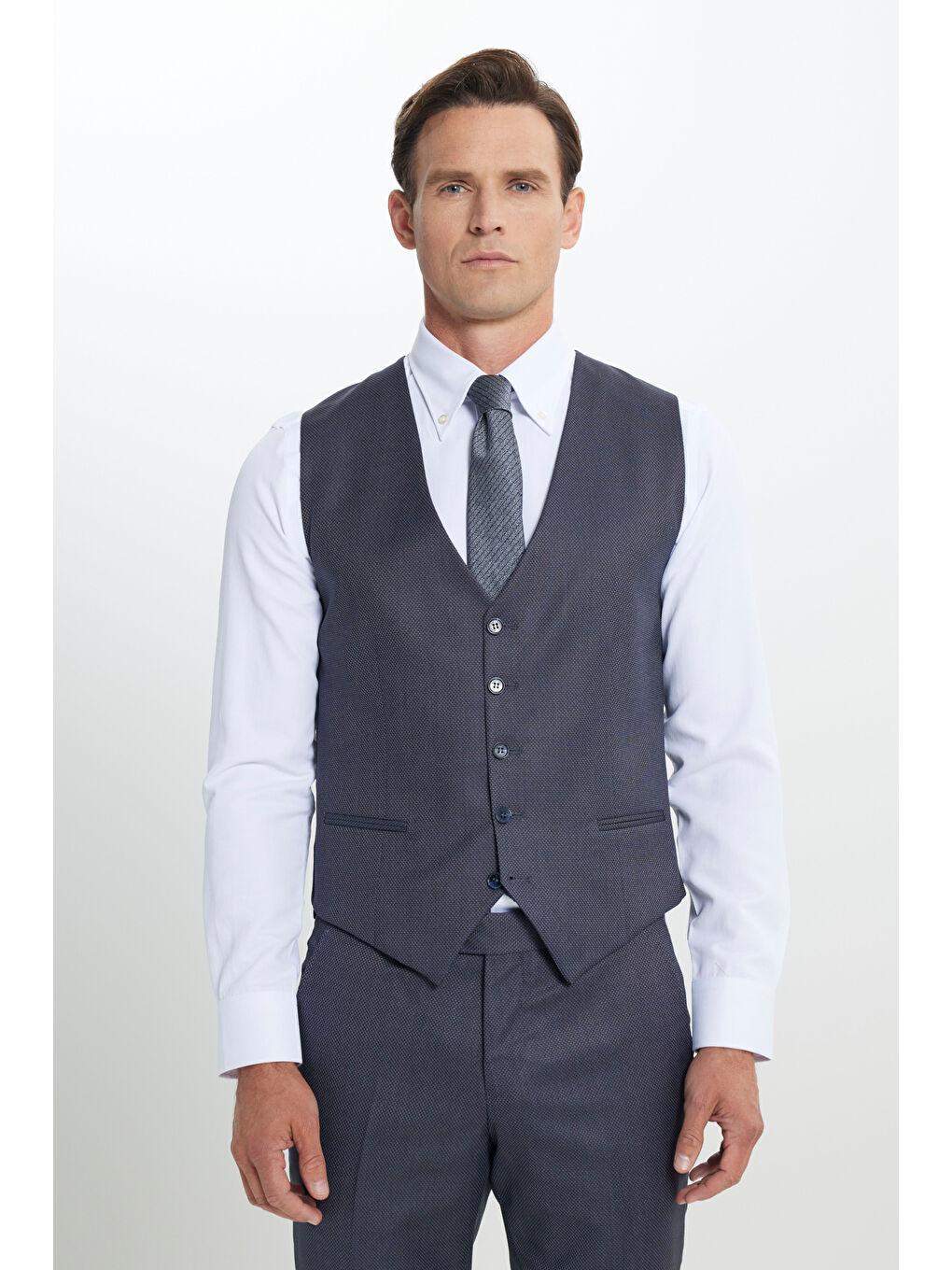 Erkek Mavi Ekstra Slim Fit Dar Kesim Desenli Yelekli Takım Elbise-1