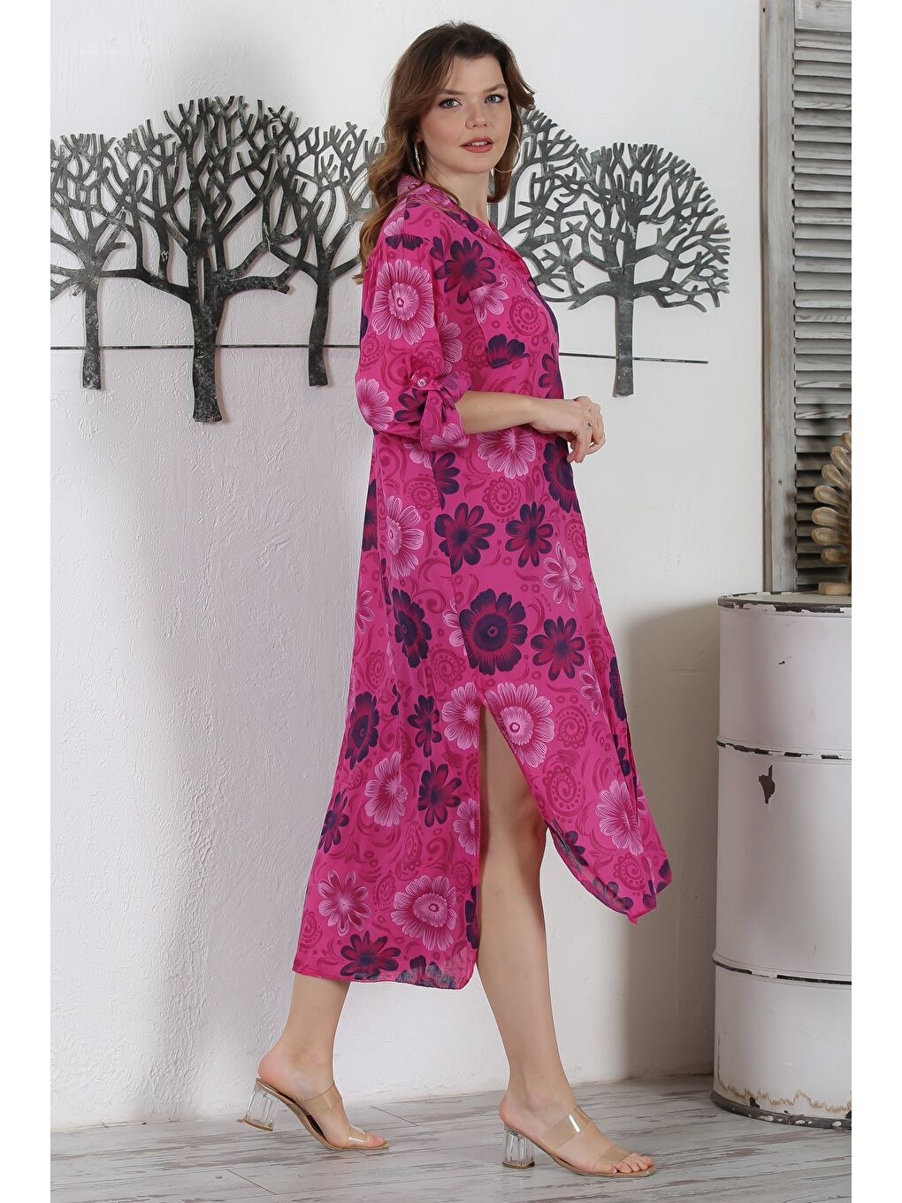 İtalyan Fuşya Gömlek Yaka Düğmeli Uzun Kollu Çift Cepli Allover Baskılı Dokuma Elbise 130 65-1