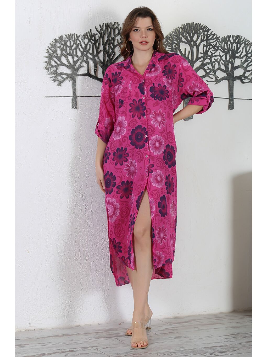 İtalyan Fuşya Gömlek Yaka Düğmeli Uzun Kollu Çift Cepli Allover Baskılı Dokuma Elbise 130 65-3