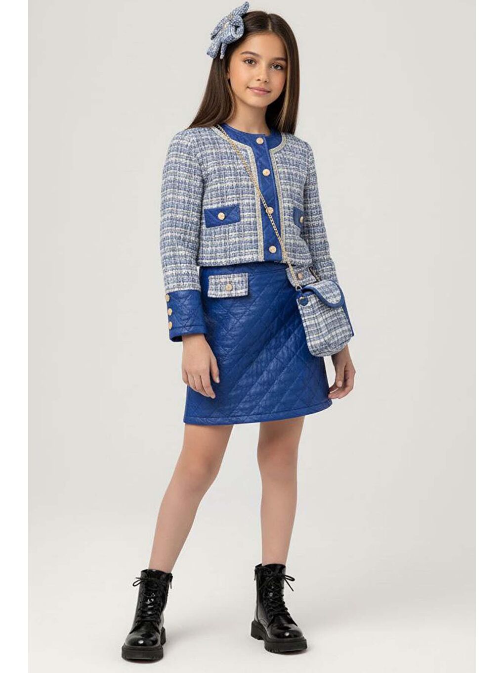 Kız Çocuk Kapitone ve Altın Şerit Detaylı Şanel Mavi Etekli Takım-1
