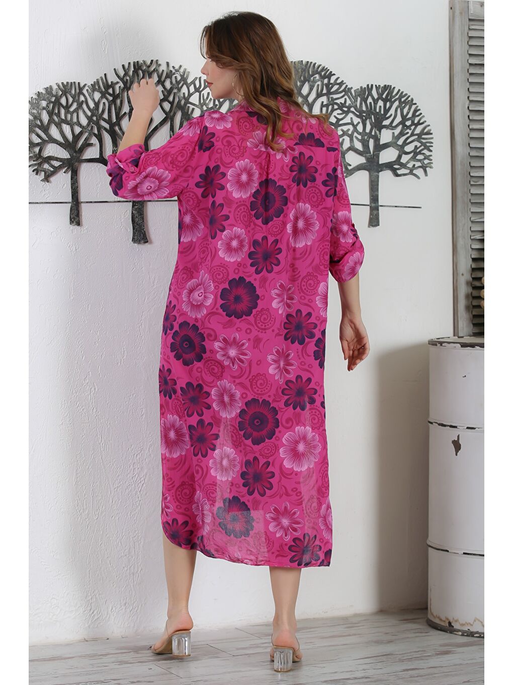 İtalyan Fuşya Gömlek Yaka Düğmeli Uzun Kollu Çift Cepli Allover Baskılı Dokuma Elbise 130 65-6
