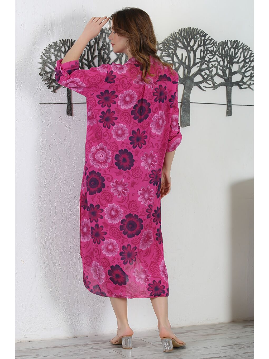 İtalyan Fuşya Gömlek Yaka Düğmeli Uzun Kollu Çift Cepli Allover Baskılı Dokuma Elbise 130 65-7