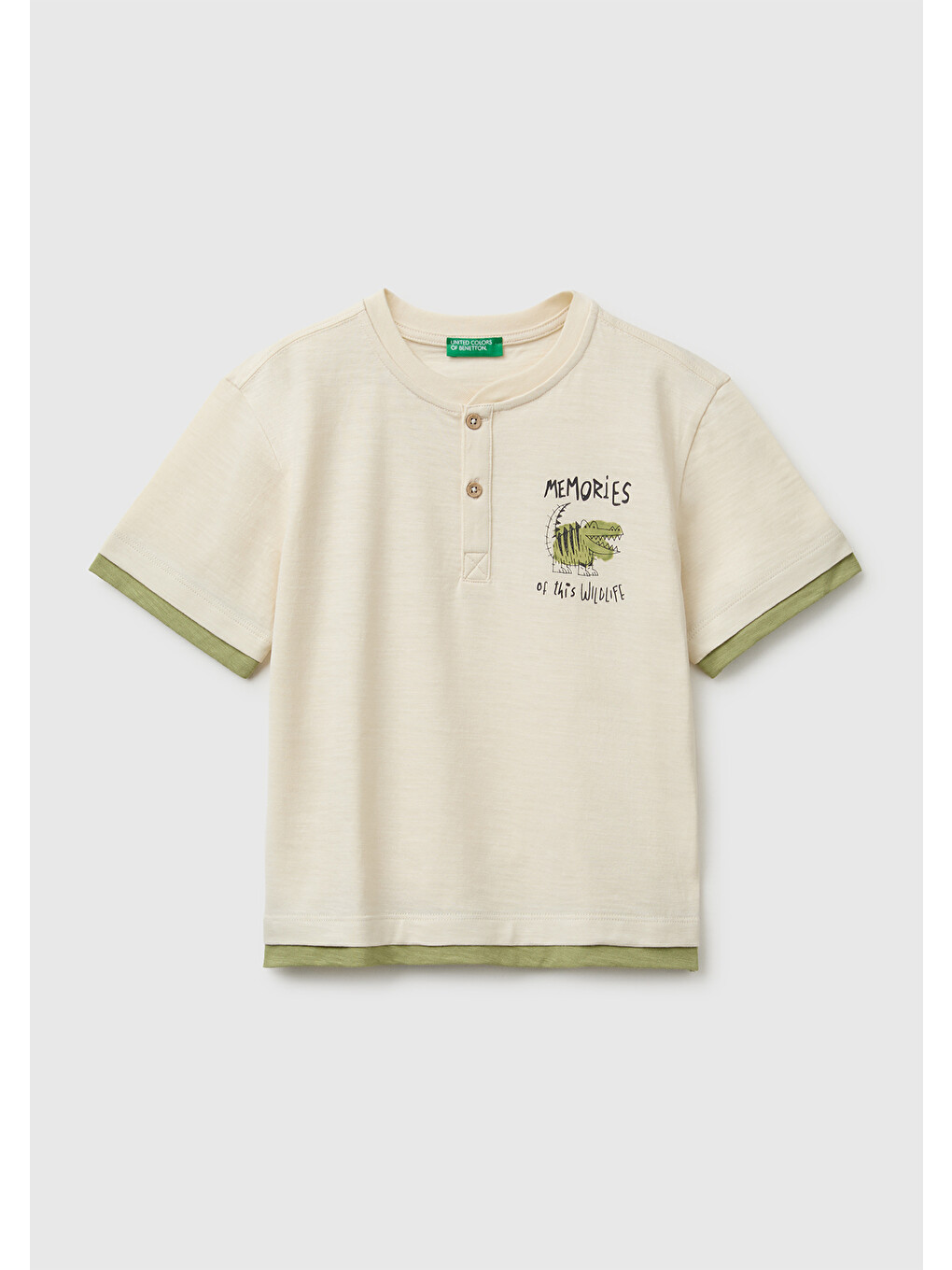 Ekru Erkek Bebek Krem Göğsü Baskı Detaylı Düğmeli Bisiklet Yaka T-Shirt