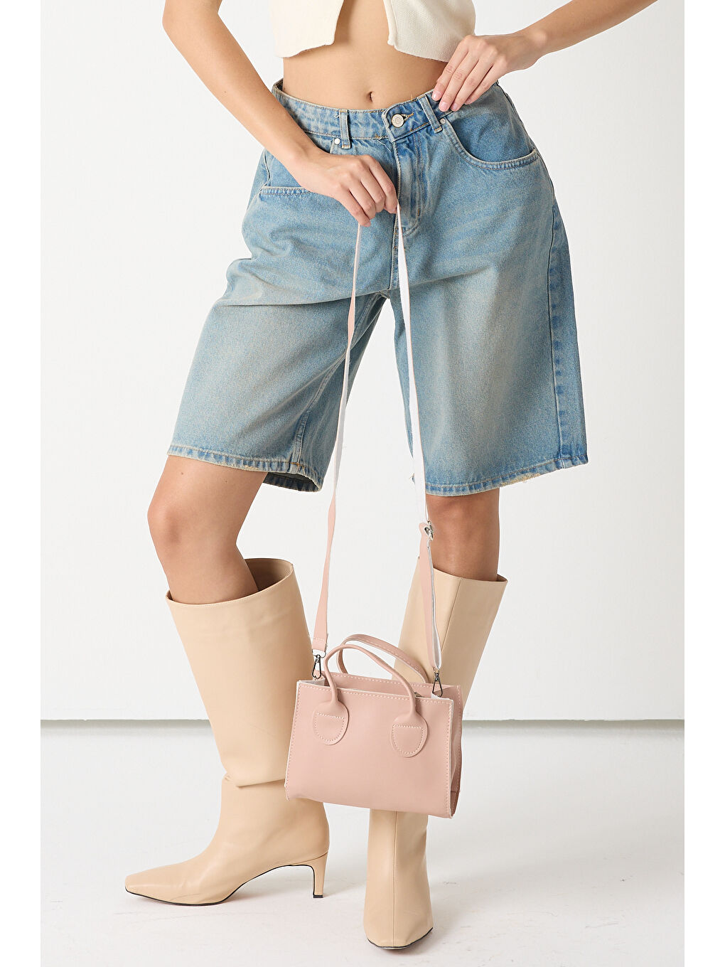 Pembe Kadın Pudra Mini Boy Suni Deri Askılı El ve Omuz Çantası-2