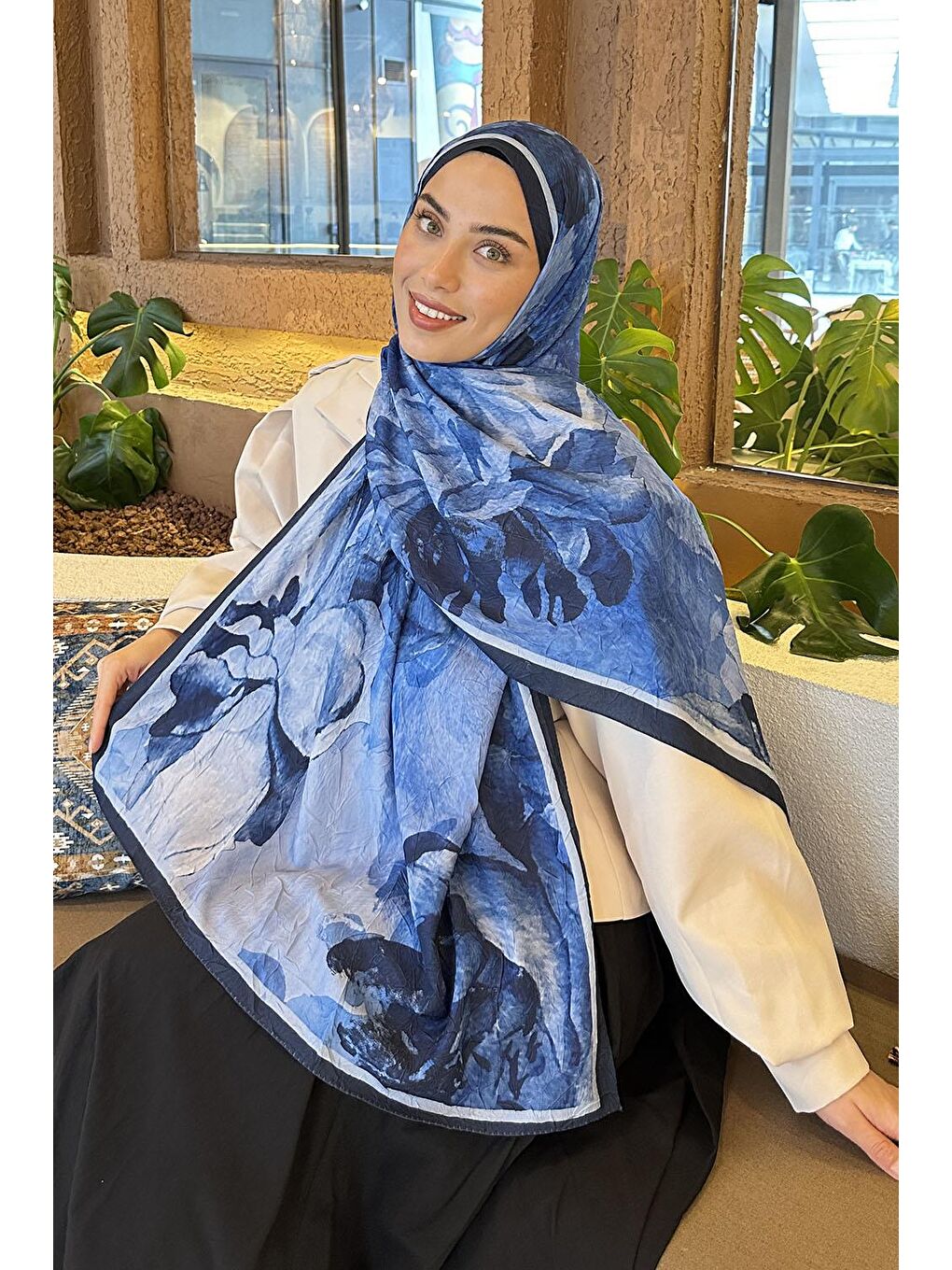 Floral Desen Bambu Şal Lacivert-1