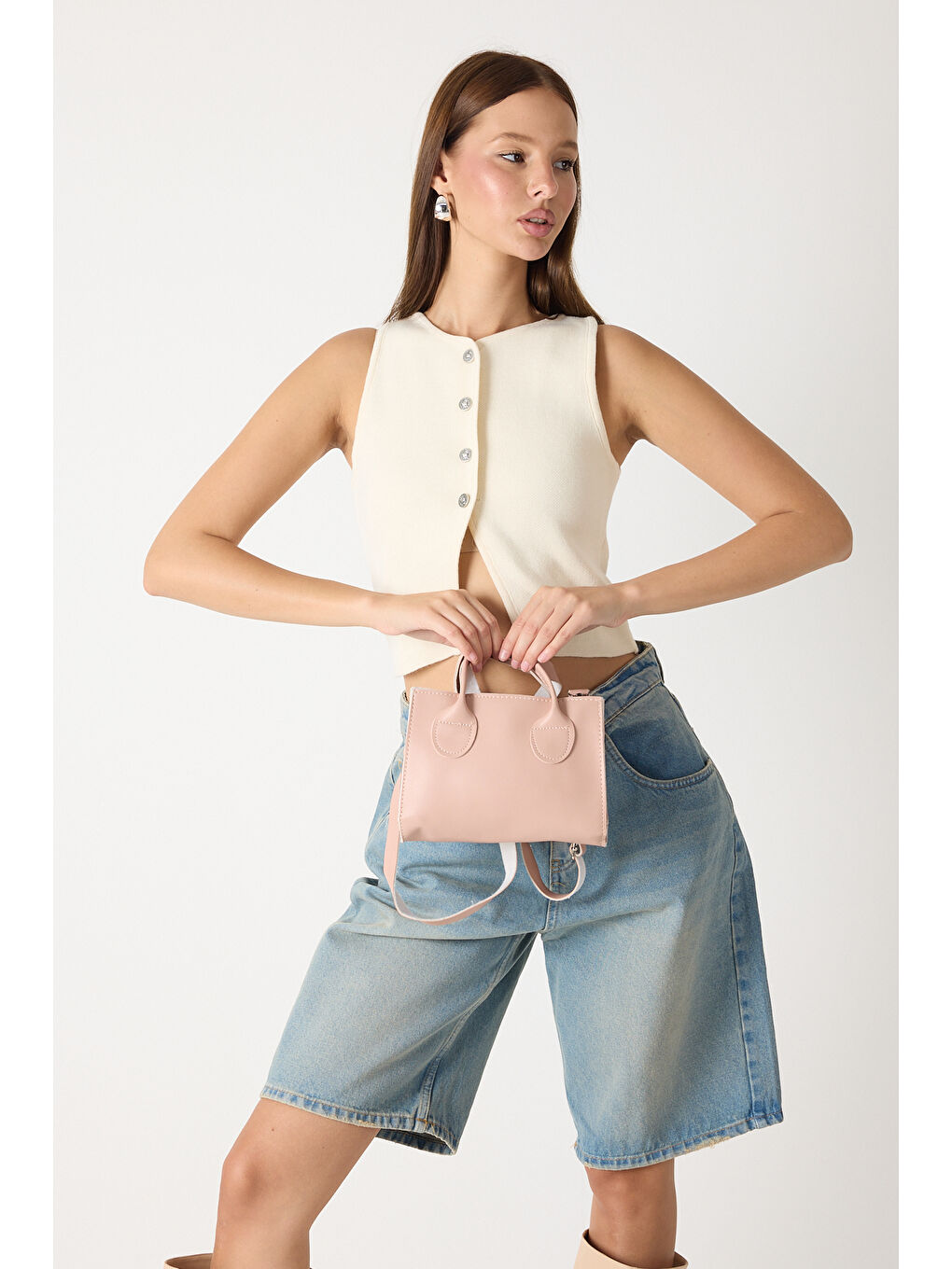 Pembe Kadın Pudra Mini Boy Suni Deri Askılı El ve Omuz Çantası-3